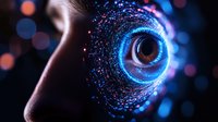 Futuristic human eye with glowing blue digital particles and bokeh effects creating tunnel vision effect, representing artificial intelligence and future technology.
