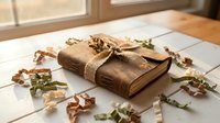 Vintage leather journal with dried flowers and twine on rustic wooden table. Nostalgic diary book for writing, scrapbooking and creative projects.
