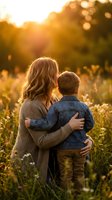 Mother and young son embracing in golden sunset light among wildflowers, warm family bonding moment in nature during golden hour for parenting content.