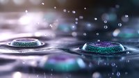 Abstract water droplets with iridescent rainbow colors creating ripples and splashes with bokeh light effects and floating bubbles.