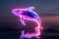 Glowing neon whale jumping out of dark water with purple and blue light effects creating magical reflection on ocean surface at twilight sunset.