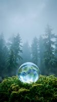 Crystal sphere reflecting nature resting on moss in misty forest with evergreen trees creating mystical atmospheric scene for environmental concepts.