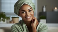 Young African American woman wearing sage green hijab and robe smiles warmly while relaxing at home, touching face gently. Soft natural lighting creates peaceful ambiance.