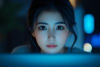 Young Asian woman illuminated by blue computer screen light in dark room, face glowing with concentrated expression while working late at night.