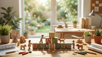 Wooden alphabet blocks spelling success with office supplies and potted plants on desk by window with garden view.
