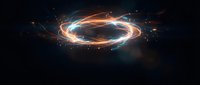 Cosmic energy portal with swirling orange and blue light trails creating circular vortex against dark space background with glowing particles and sparks.