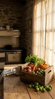 Rustic wooden crate filled with fresh autumn vegetables including pumpkin, potatoes, carrots and Brussels sprouts on farmhouse kitchen table with warm sunlight.