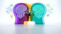 Two human head silhouettes with digital brain circuits and gears representing artificial intelligence, machine learning and cognitive technology concepts.