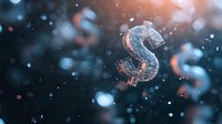 Glowing dollar symbol floating in dark space with bokeh light effects and particles, creating mystical financial atmosphere for business concepts.