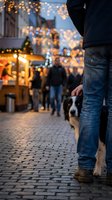 Person wearing jeans and dark jacket walks black and white dog through festive holiday market street with golden bokeh lights and decorated storefronts.