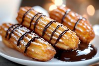 French madeleines dusted with powdered sugar and drizzled with dark chocolate sauce on white plate, selective focus with soft bokeh background lighting.