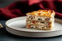 Layered savory crepe cake with cream cheese, mushrooms, and vegetables on white plate against dark background, appetizing French-inspired dish.