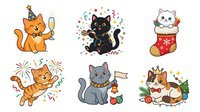 Cute cats celebrating with party hats, confetti and festive decorations. Orange tabby, black kitten and white cat in stocking isolated on white background, ready for greeting cards, invitations and holiday designs.