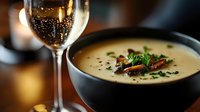 Creamy soup with bacon bits and herbs in black bowl paired with white wine glass for gourmet dining experience and culinary presentation.