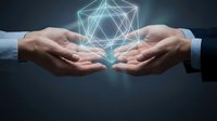 Businessman hands holding glowing geometric wireframe cube, representing digital innovation, technology, data network, and future business solutions for corporate presentations.