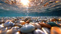 Underwater view of smooth pebbles on riverbed with sunlight streaming through rippling water surface, creating natural lens flare and reflections. Perfect for nature themes.