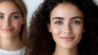 Young woman with curly dark hair and natural makeup smiling warmly at camera, with blonde female colleague blurred in background. Clean professional headshot for business use.