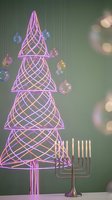 Modern neon pink Christmas tree with geometric wireframe design and colorful ornaments alongside golden menorah for holiday celebration decor.