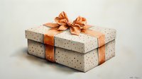 White gift box with polka dot pattern wrapped in peach satin ribbon and decorative bow against neutral background, elegant present packaging for special occasions.