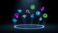 Futuristic holographic technology icons floating above glowing circle platform on dark background for digital business presentations and tech concepts.