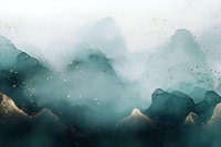 Abstract teal and gold watercolor mountains with misty fog effect, creating a dreamy landscape for wall art, backgrounds, or luxury design projects.