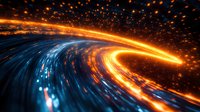Glowing orange and blue light trails creating dynamic curved motion effect against dark background with bright sparks and energy streams flowing through space.