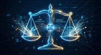 Digital justice scales balancing law and technology with glowing circuit patterns and data networks on dark tech background for legal innovation concepts.