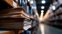 Stack of paper documents in warehouse storage with blurred background showing long corridor and bokeh lights, focus on foreground pile of files and folders.