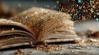 Open book with magical golden glitter dust scattered across pages, creating a dreamy atmosphere for fantasy storytelling or literary concepts.