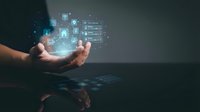 Businessman hands holding glowing digital technology icons and data network connections for modern business innovation and connectivity solutions.