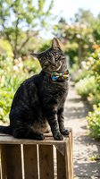 Tabby cat wearing blue bow tie sitting on wooden post in sunny garden with blurred green foliage background. Pet portrait for greeting cards, calendars, and animal-themed designs.
