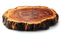 Cross section of natural wood slab showing annual growth rings and bark texture, rich brown and amber tones on white background, isolated for design use.