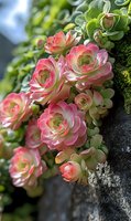 Pink and green succulent flowers blooming on stone wall in natural garden setting with soft bokeh background for botanical and landscaping projects.