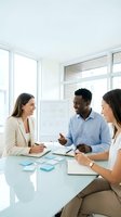 Diverse business team having productive meeting in modern office with natural light. Professional collaboration and teamwork in corporate environment.