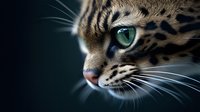 Close up portrait of wild cat with bright green eyes and spotted fur pattern against dark background, dramatic lighting highlights feline features.