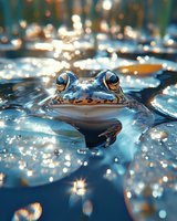 Frog emerging from sparkling water with golden bokeh lights creating magical atmosphere in natural pond habitat for wildlife photography projects.