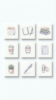Minimalist office supplies icons set with calendar, notebook, books, coffee cup, alarm clock, to-do list, plant, pen and paper clips in pastel colors.