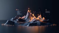 Futuristic data visualization showing glowing mountain-like terrain with digital analytics overlay on dark background, useful for business intelligence presentations.