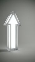 Glowing upward arrow neon sign isolated on neutral background, symbolizing growth, progress, and success for business and marketing designs.