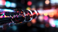 Financial market analysis with crystal spheres reflecting stock charts and trading data against colorful bokeh city lights background for investment concepts.