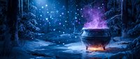 Abandoned car in frozen winter forest with glowing neon lights and magical particles, surreal sci-fi atmosphere for digital art and fantasy projects.