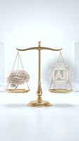 Golden scales of justice balancing human brain and AI chip symbol representing artificial intelligence versus human intelligence comparison.