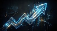 Glowing neon arrow pointing upward with financial data streams and digital grid background, representing stock market growth, business success, and financial analytics for investment and trading concepts.
