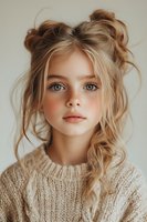 Young blonde woman with blue eyes and freckles wearing beige knit sweater, natural makeup, messy bun hairstyle against light background, soft portrait lighting.