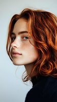 Young woman with copper-red wavy hair and freckles in profile against white background, suitable for beauty, skincare, and portrait design projects.