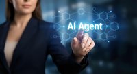 Professional businesswoman touching AI Agent interface with connected network nodes in modern digital workspace for technology presentations.