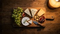 Wooden charcuterie board with assorted cheeses, fresh green grapes, figs, and cheese knife on rustic table for entertaining and food styling.