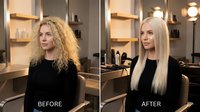 Professional hair transformation showing curly blonde woman before and after keratin straightening treatment in modern salon with dramatic results.