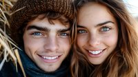 Young couple with blue eyes smiling together outdoors in natural sunlight wearing casual winter clothing and knit hat for lifestyle photography.
