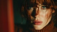 Young brunette woman with tousled hair and intense green eyes wearing brown turtleneck sweater in moody atmospheric lighting for fashion portrait photography.